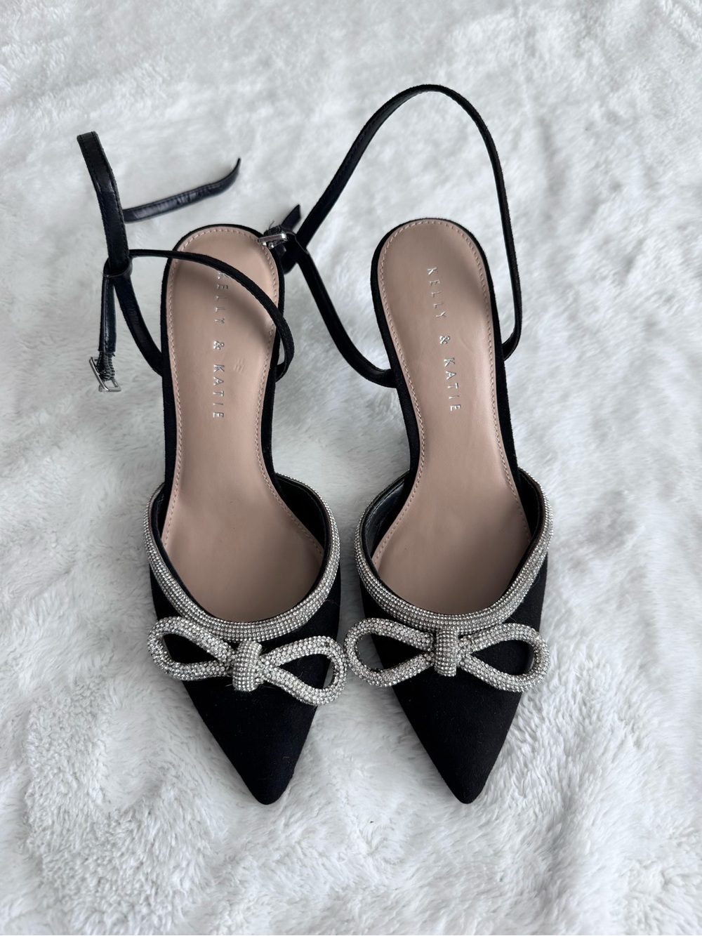 Kelly & Katie Black Pointed Slingback Heels with Rhinestone Bow Trim